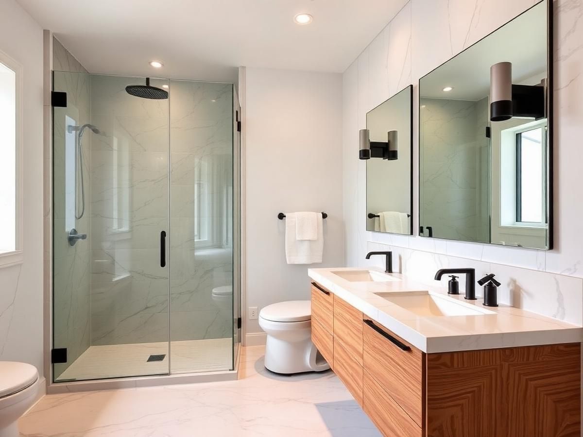 Modern bathroom with walk-in glass shower and floating vanity